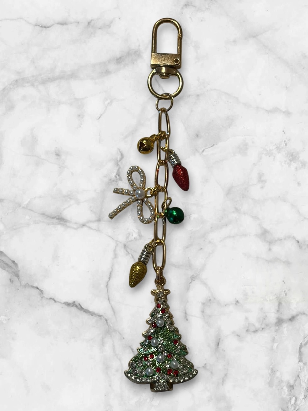 Holiday Crystal Christmas Tree Charm Keychain - Gold Tone